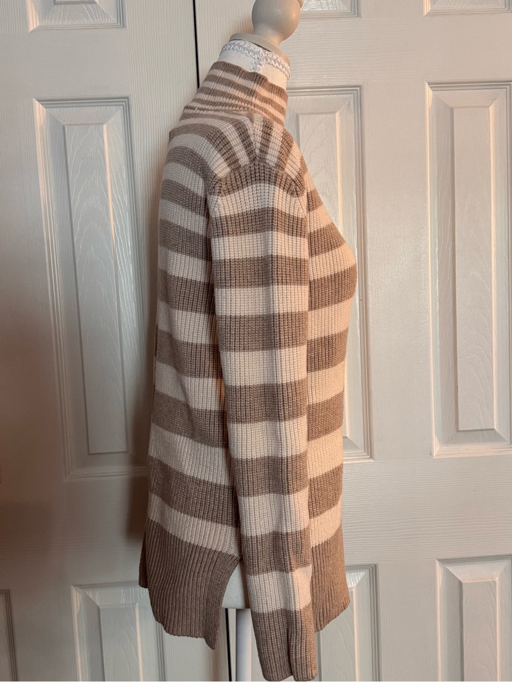 Striped Knit Cowl Neck Sweater in Cream and Taupe - Picture 3 of 11